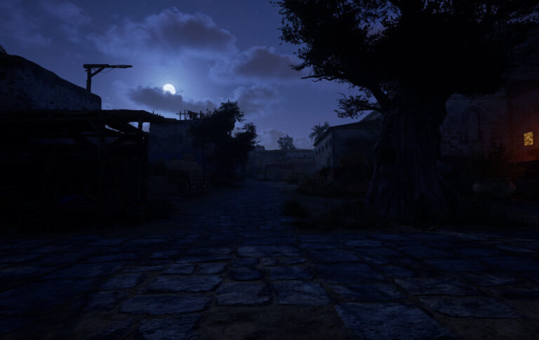 A cobbled street in Capernaum under the moon